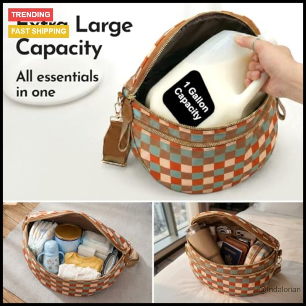 Checkered Crossbody Bag Nylon Bum Bag Spacious Hobo Purse Adjustable Strap - Picture 4 of 7
